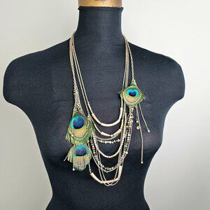Express Boho Peacock Feather Multi-Strand Statement Necklace